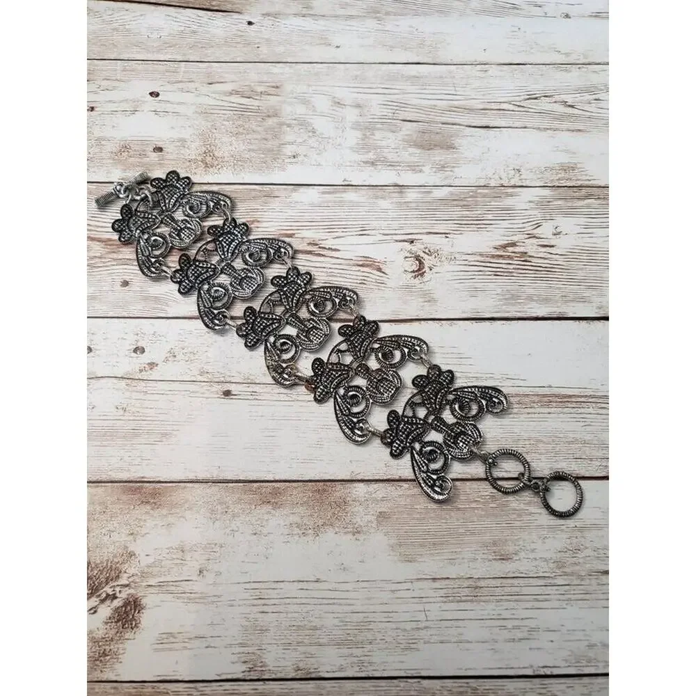 Chunky & Ornate Bracelet - Dark Silver Tone - Some Rust